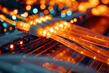 Fiber optic cables transmitting data on a futuristic server, illuminated by vibrant orange lights, showcasing cutting edge technology