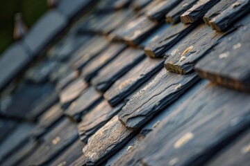 Dark slate roof tiles creating a textured pattern with warm sunlight highlighting details