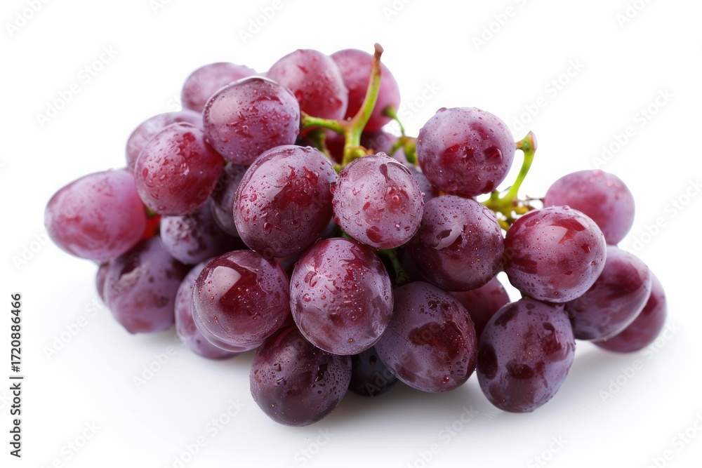 Poster ripe red grapes covered in glistening water droplets, creating a refreshing and appetizing image