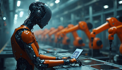 Robot interacting with tablet in factory