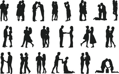 Silhouettes of romantic couples in love, hugging, kissing, holding hands, proposing, romantic moments, relationship poses, intimate affection, passion
