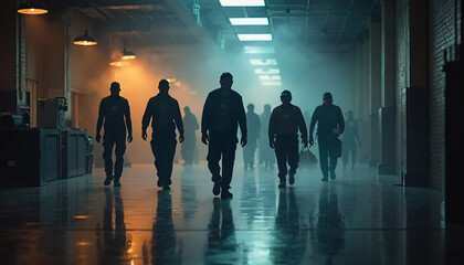 Silhouettes walking in a foggy industrial corridor