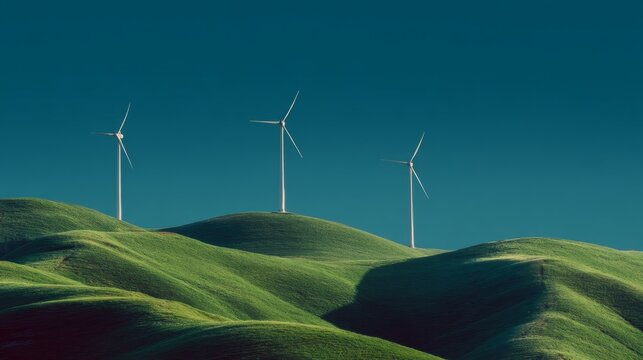 Green hills with wind turbines for clean energy production