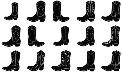 Assortment of Black Silhouette Cowboy Boots with Detailed Stitching and Designs western footwear