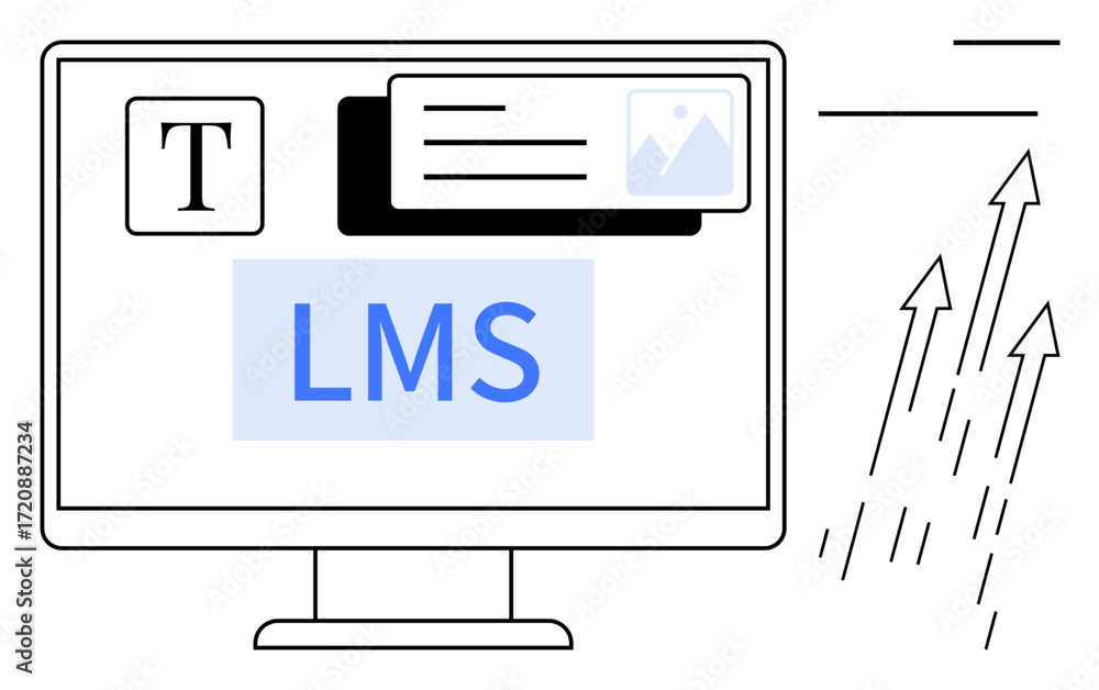Aufkleber desktop monitor displaying lms interface with text editor, image frame, interface boxes, and navigat