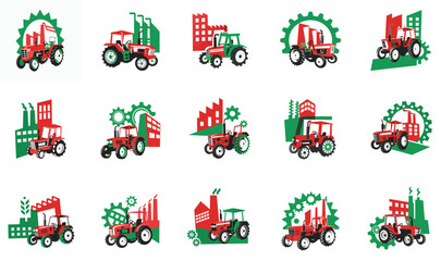 Collection of red and green tractor and factory icons with gear elements industry agriculture