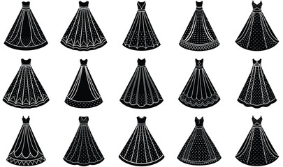 Collection of Stylized Black Silhouette Illustrations of Elegant Gowns with Decorative Patterns