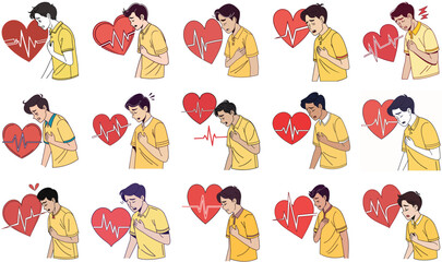 Collection of Illustrations Depicting Men Experiencing Chest Pain and Heart Issues with ECG Lines