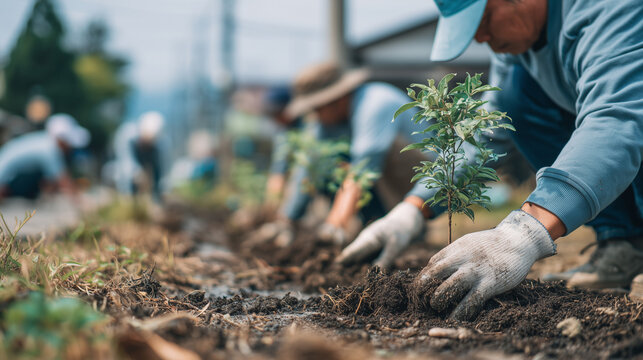 World Habitat Day volunteers planting trees together for sustainable green future, protecting biodiversity, forests, and eco-friendly communities worldwide