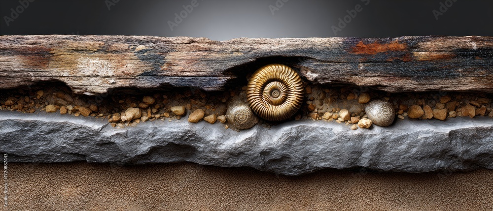 Poster geology fossil strata concept. fossil embedded in weathered rock, showcasing geological layers and a