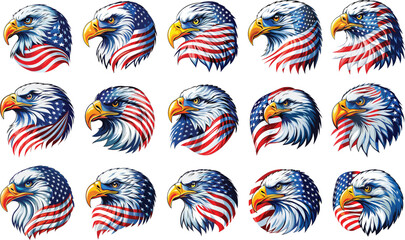 Set of American Bald Eagle Heads with Patriotic Stars and Stripes Flag Designs bird animal