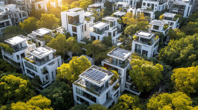 World Habitat Day sustainable housing architecture with solar panels, green living spaces, eco-friendly city planning and modern urban residential community - Powered by Adobe