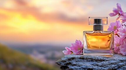 A glass perfume bottle sits on a rock, surrounded by pink flowers, against a vibrant sunset backdrop.