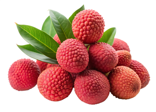 Red lychee fruits with green leaves pile isolated on a transparent background pink