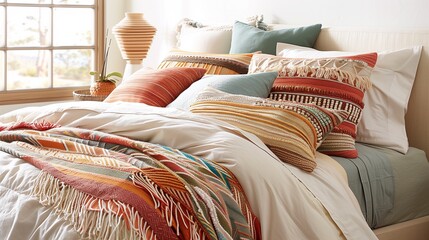 A cozy bedroom scene featuring a neatly made bed with colorful pillows and a textured blanket.