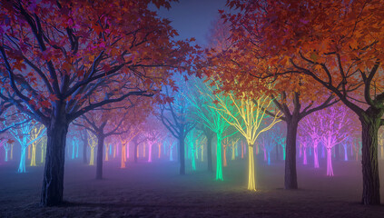 森の稜線を連なる波形として抽象化し、音楽イベントやアプリのヘッダーにも馴染むモダンな秋色ビジュアル.生成AI