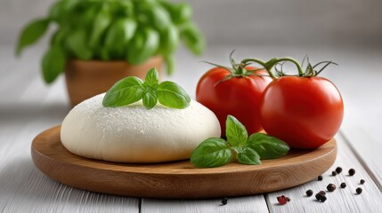 Fresh pizza dough surrounded by tomatoes and basil enhances culinary creativity in a warm kitchen setting
