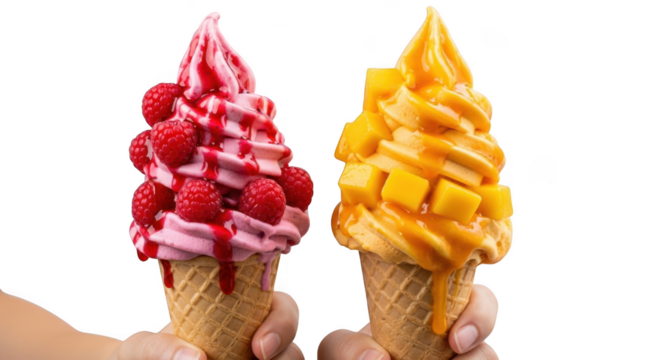 Two delicious soft serve ice cream cones with fruit toppings isolated on transparent background