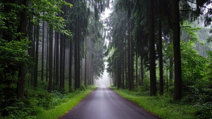 Fototapeta premium Serene Misty Forest Pathway Surrounded by Lush Green Trees and Soft Fog for Nature Lovers and Outdoor Adventurers