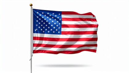 Obraz premium Waving U.S. flag on silver pole with gold finial against light gray background—symbolizing national pride, freedom, and unity.