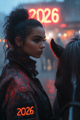A strong, confident female equestrian in a stylish cyberpunk jacket with orange and red neon accents stands next to a powerful horse on a rooftop observation deck.