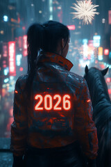 A strong, confident female equestrian in a stylish cyberpunk jacket with orange and red neon accents stands next to a powerful horse on a rooftop observation deck.