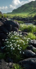 Fototapeta premium Wildflowers bloom amid dark rocks, lush green grass, and a misty mountain backdrop