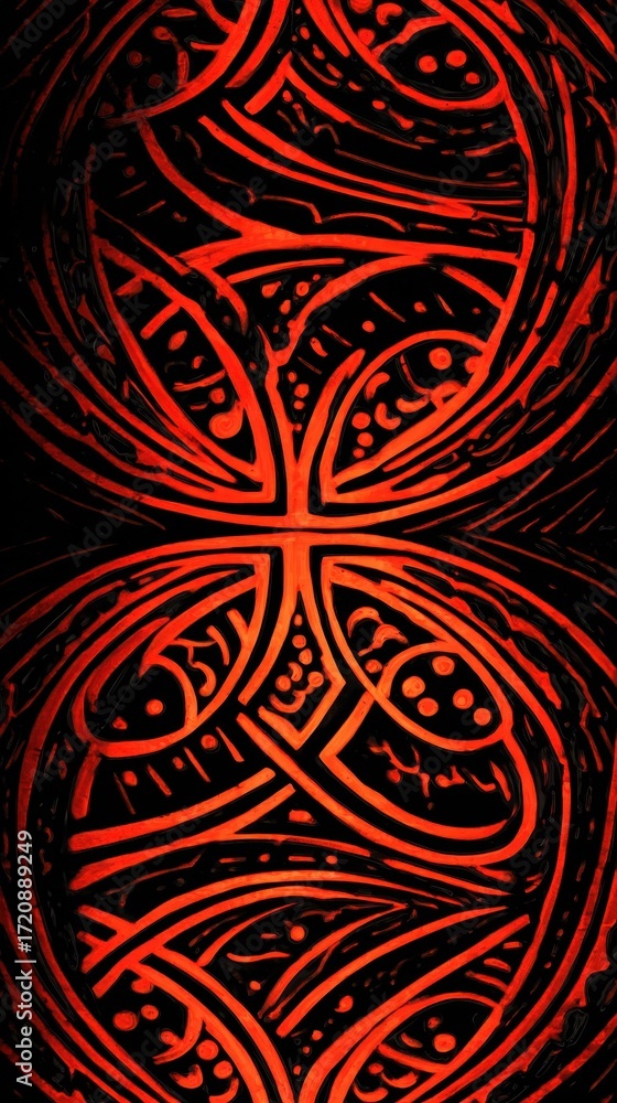Poster bright red and orange abstract design with intricate patterns on a dark background, copy space, and 