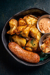 Roasted potatoes with grilled sausage and kimchi