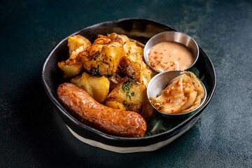 Grilled sausage with roasted potatoes and kimchi