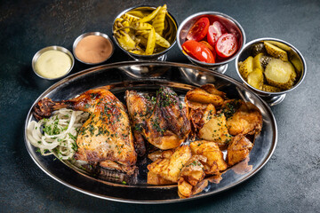 Grilled chicken and potato wedges with assorted pickles on a platter.