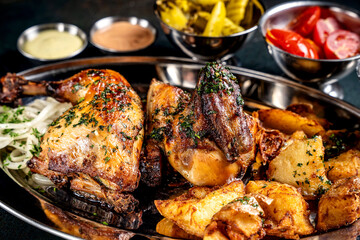 Grilled chicken with roasted potatoes and assorted side dishes.