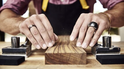 Obraz premium Crafting precision in woodworking as hands expertly sand timber in a well-lit workshop with ample space for creativity