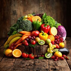 Vibrant Colorful Fruits and Vegetables on Rustic Wooden Surface