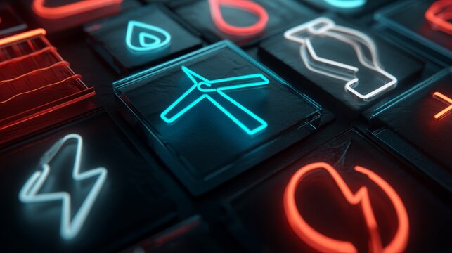 Neon lit icons representing various energy and technology related concepts - Powered by Adobe