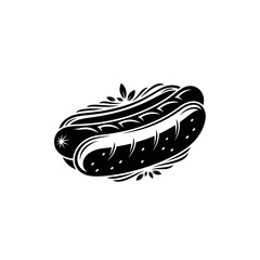 Stylized black and white hot dog illustration.