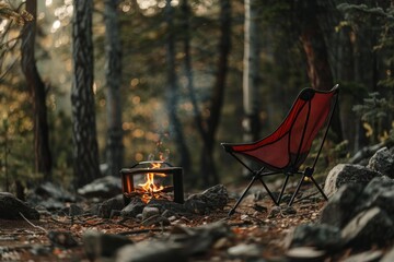 Red camping chair beside a warm fire in a peaceful forest setting