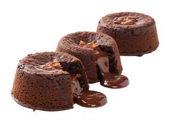 Three Gooey Chocolate Lava Cakes Isolated on White Background