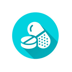 Pills flat icon. Simple illustration with long shadow for graphic and web design.