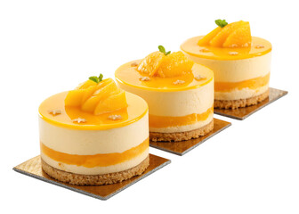 Three Orange Glaze Mini Cheesecakes Isolated on White Background