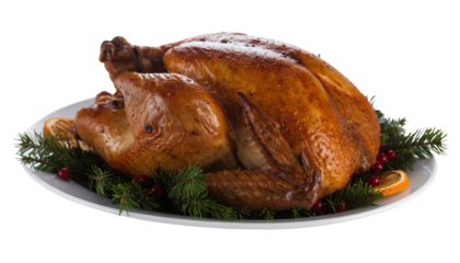 Golden roasted turkey served on a festive platter with seasonal garnishes, perfect for holiday celebrations.