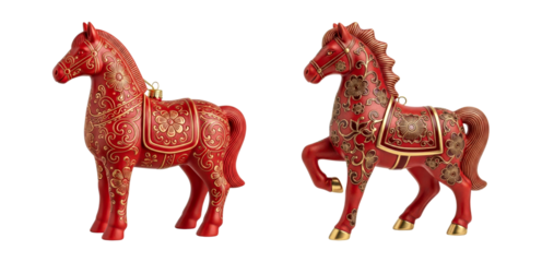 Elegant Red Horses with Gold Floral Patterns in Festive Ornament Design. Symbol of Chinese New Year 2026