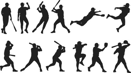 Baseball player silhouettes in various poses, batting, pitching, catching, running, fielding, sports action, athletic movement, team game, outdoor activity.