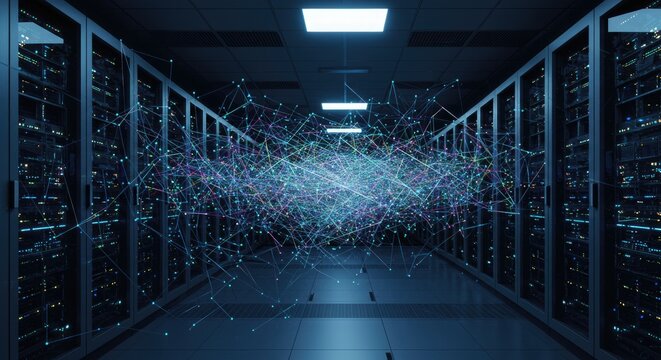 Futuristic Data Center with Digital Network Visualization
