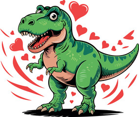 Green cartoon Tyrannosaurus Rex with red hearts and motion lines dinosaur t-rex