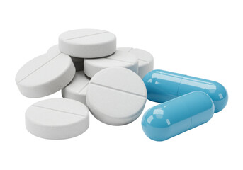 Isolated pills and capsules of medication for treatment, medical drug for disease therapy