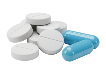 Isolated pills and capsules of medication for treatment, medical drug for disease therapy