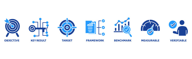 OKR icon set illustration illustration concept with icon of objective, key result, target, framework, benchmark, measurable, verifiable 