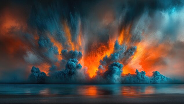 Vibrant abstract explosion of orange and teal smoke clouds over reflective water with dark sky