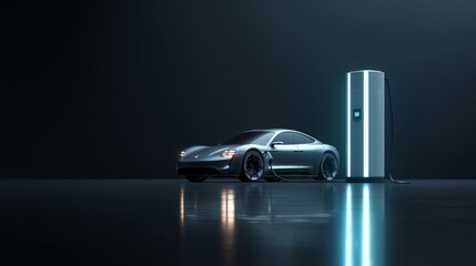 Electric car charging at modern charging station in dark setting